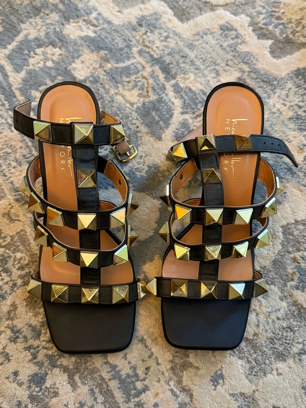 Nicole Miller Black Strappy Heels with Gold Studs